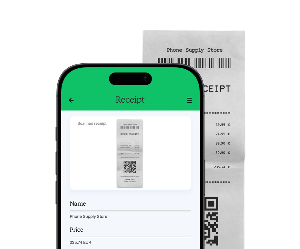 Mobile app scanning and registering a paper receipt.