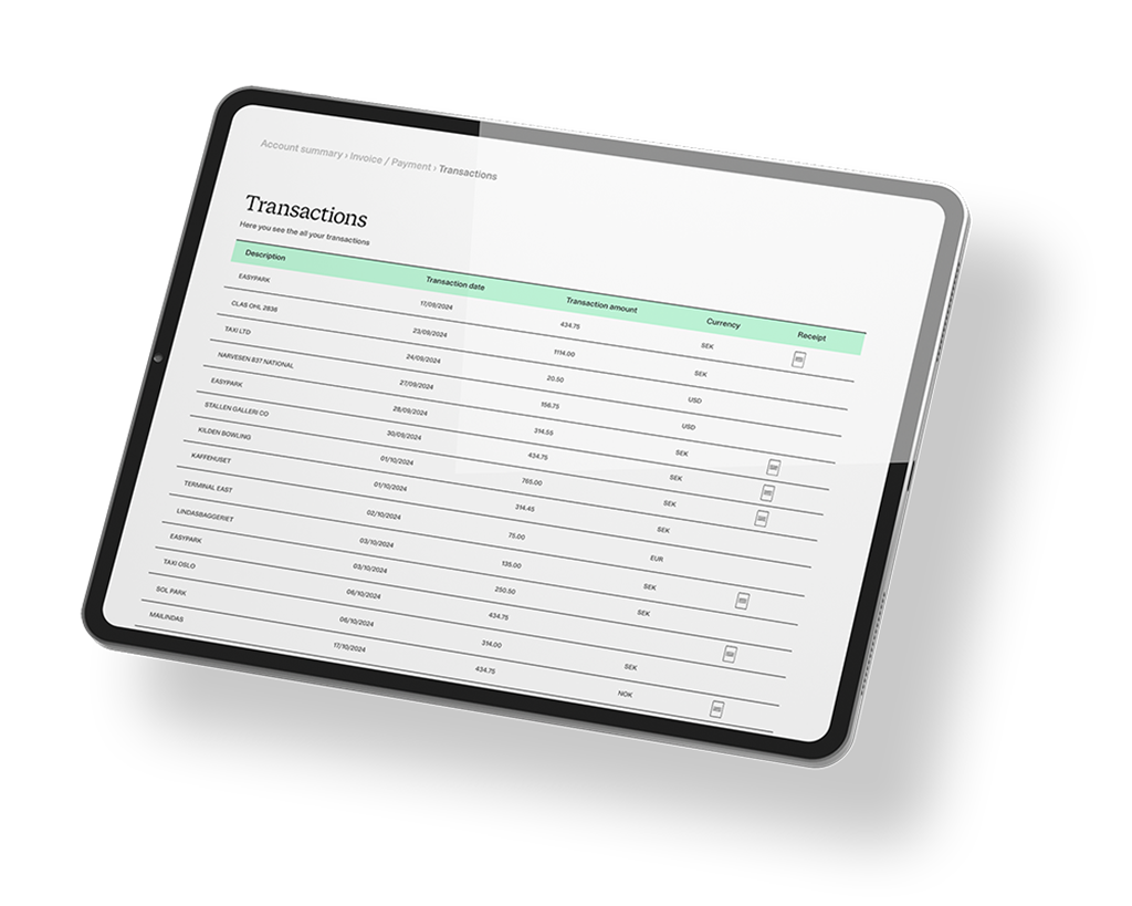 Nettbrett som viser transaksjonsliste
