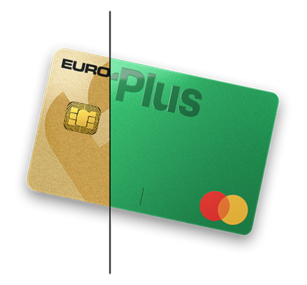 vå betalkort – ett guld- och ett grönt AirPlus Mastercard – sida vid sida på grå bakgrund