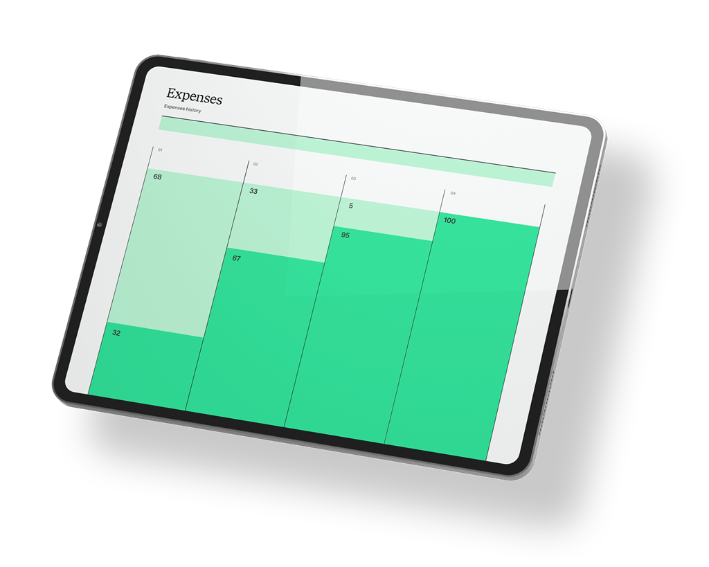 One tablet displaying financial bar in green.