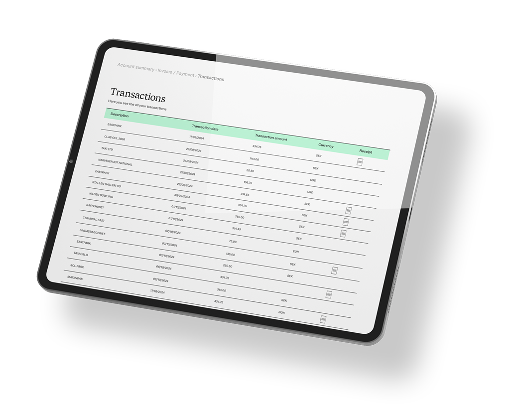 Tablet displaying a transaction list with real-time purchase data.