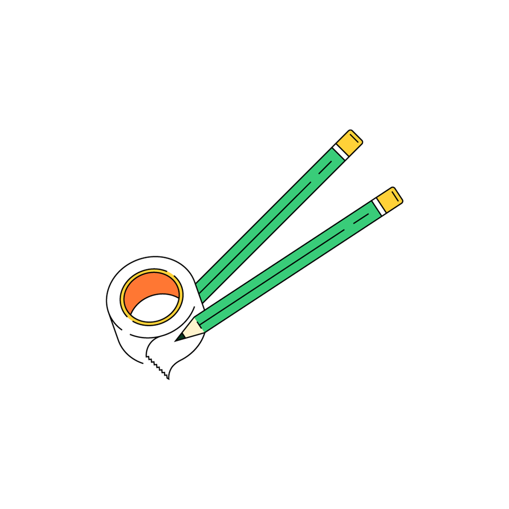 Illustration de deux crayons verts et d’un rouleau de ruban adhésif.