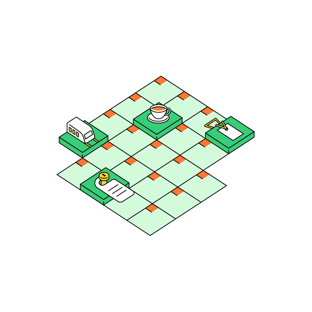 Illustration of a grid with icons of a train, a do-not-disturb sign, a cup, and a suitcase.