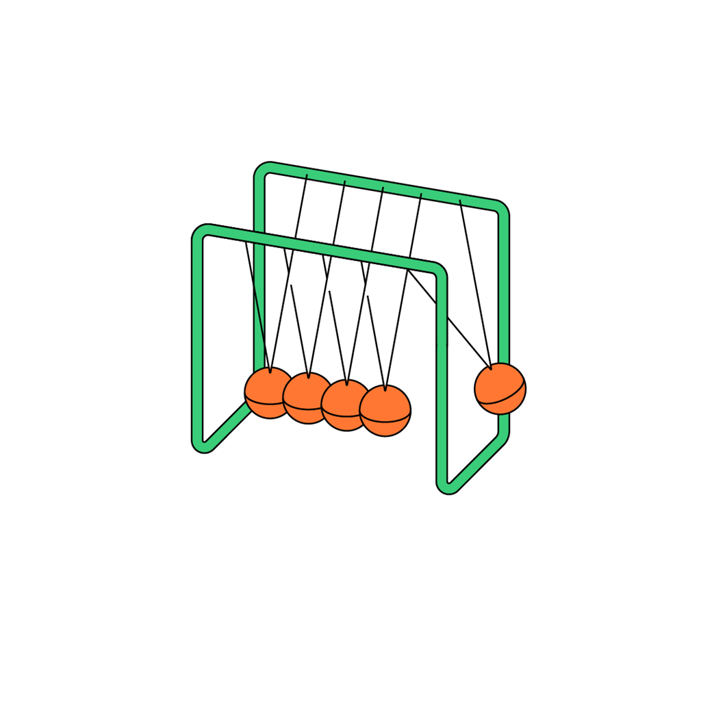 Illustration of a green Newton’s cradle with orange balls, symbolizing balance and motion.
