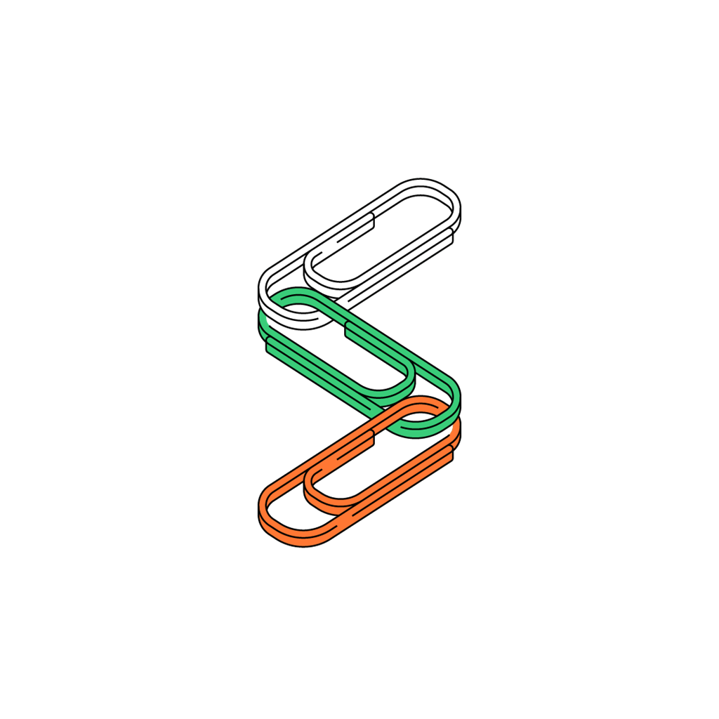 Illustration of interlinked paperclips in green, orange, and white