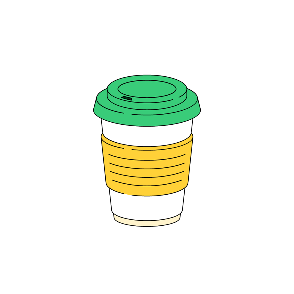 Illustration d’un gobelet à café à emporter avec un couvercle vert et une manchette jaune.